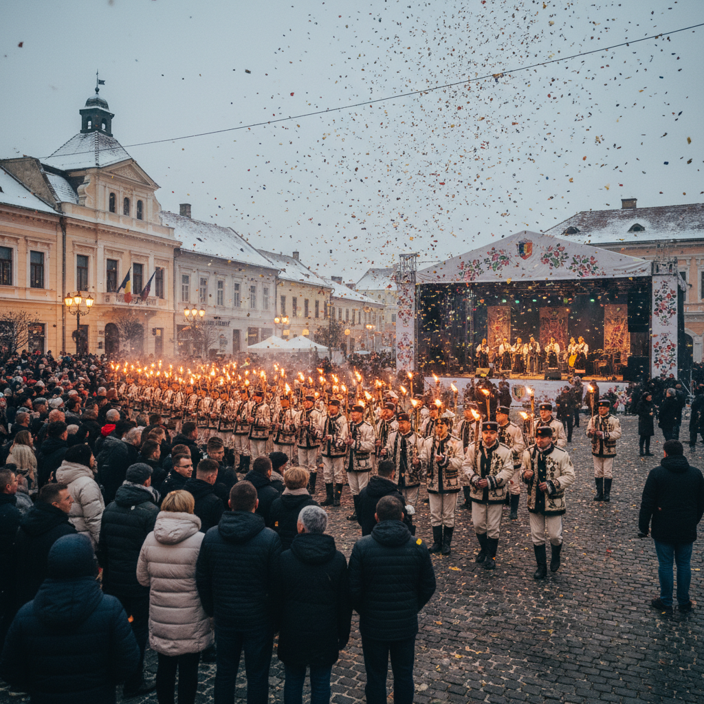 Bistrițeni, sărbătoriți 1 Decembrie în centrul orașului cu spectacol folcloric și retragere cu torțe